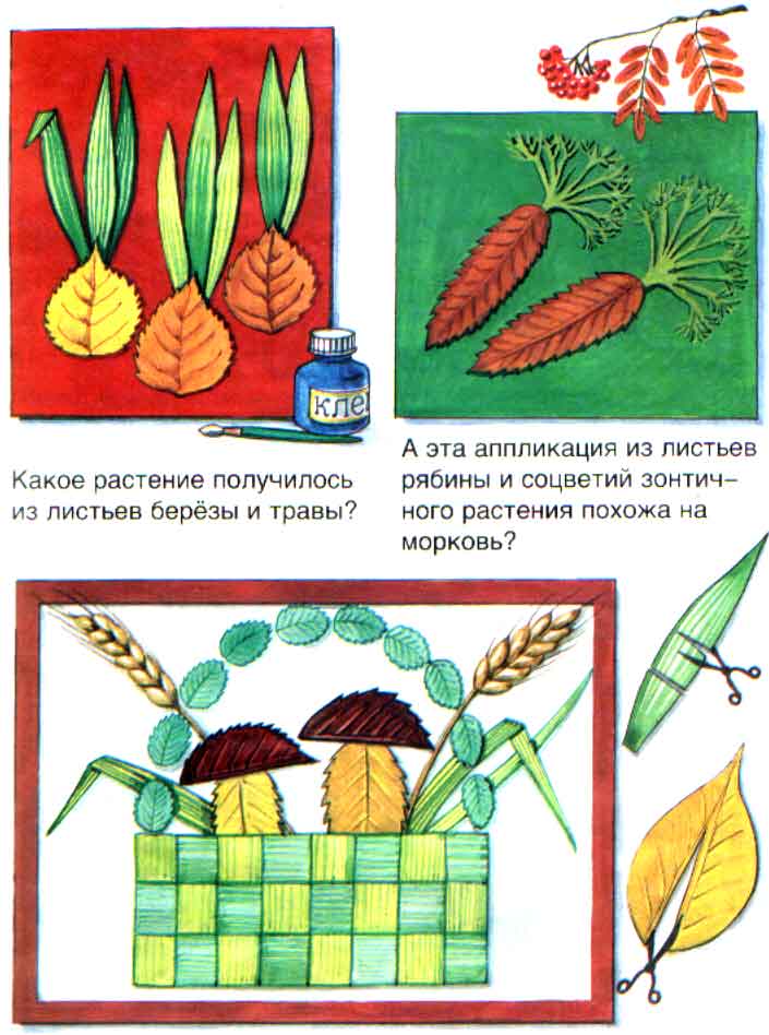 Аппликации из листьев и травы. Овощи